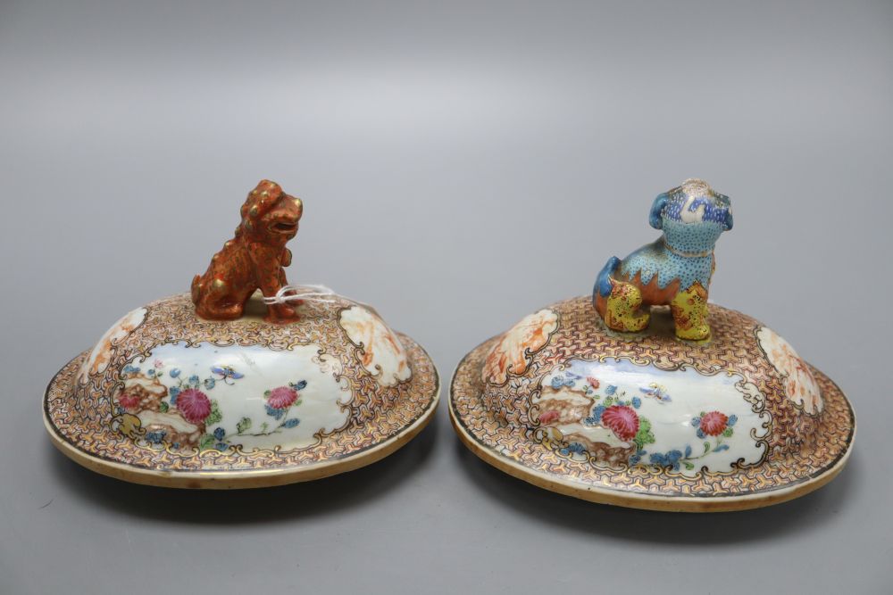 Two 18th century Chinese export famille rose covers, lion dog finials, height 12cm